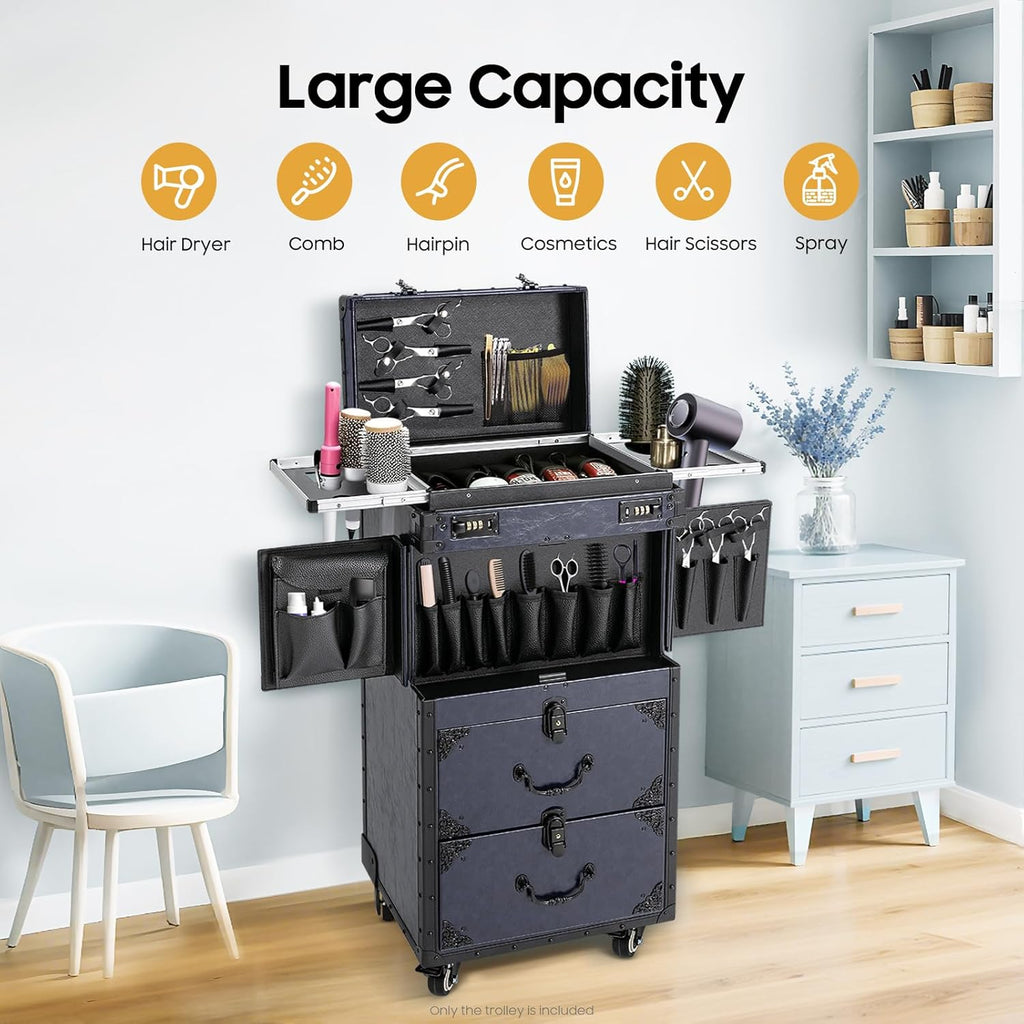 Professional Rolling Makeup Train Case for Beauty Salon & Barber - Large Capacity Cosmetic Luggage Travel Organizer with 8 Wheels & Combination Lock, Rolling Lockable,Cosmetic Train Cases