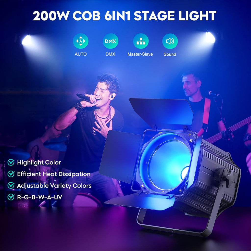Stage Lights with Barn Doors, 200W LED Par Can Lights, 6 in 1 COB Spotlights RGBWA+UV DMX512 Sound Activated Uplights for Parties Events Wedding Theater Church Concert Dance