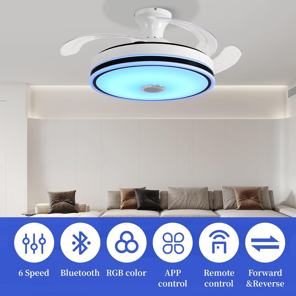 42'' Retractable Ceiling Fan with Lights, Smart Ceiling Fan Light with Bluetooth Speaker, App Control for Dimming & RGB Color Change Reversible Bedroom Living Room