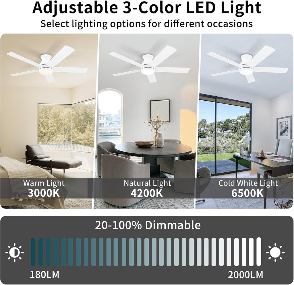 POCHFAN 52 Inch White Ceiling Fans with Lights and Remote,LED Low Profile Flush Mount Ceiling Fan for Bedroom,Living Room, with Quiet DC Motor,Dimmable 6 Speeds