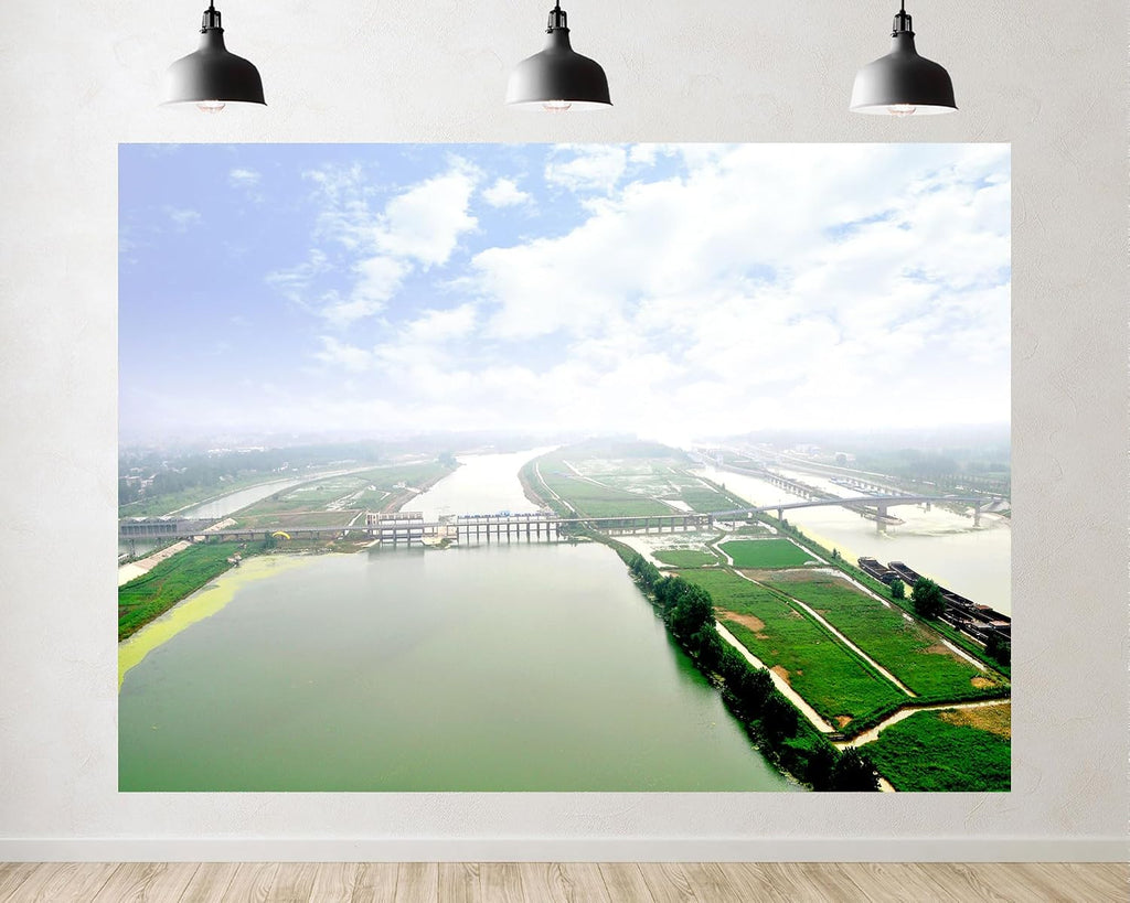 Trykid 20x10ft River Bridge Wetland Backdrop Bright Green Clear Blue Misty Water Urban Natural Scenery Photography Background City Theme Party Decoration Photo Booth Prop Fabric
