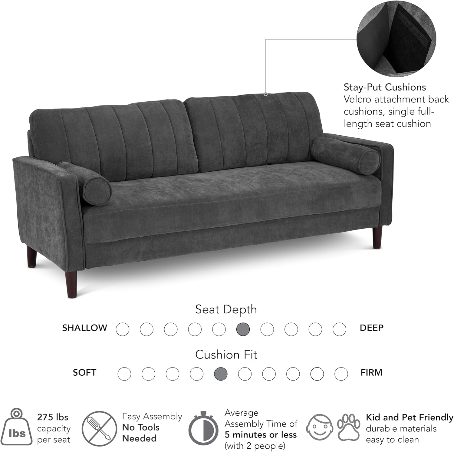 Bush Home 77-inch Sofa, Living Room Furniture, Max Collection, Iron Gray Chenille Fabric
