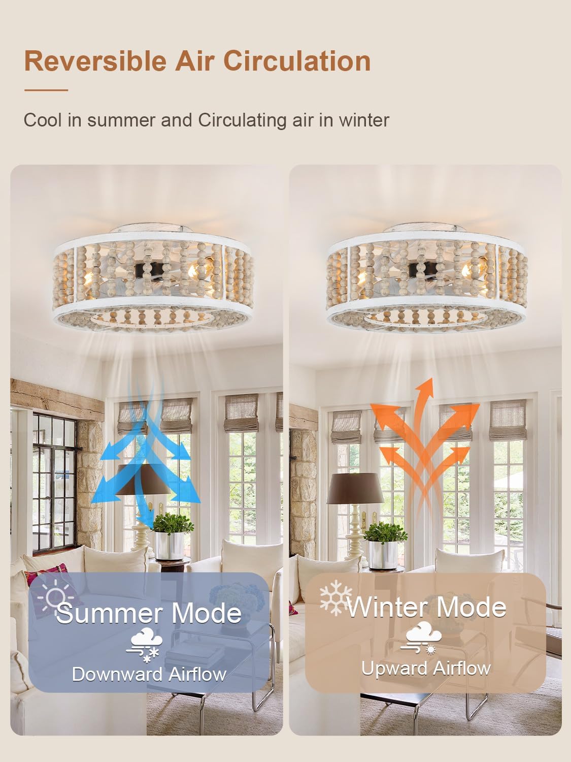 20' Boho Ceiling Fan with Light Caged Chandelier Fan with Handcrafted Beaded Bladeless Bohemian Low Profile Flush Mount Fan for Bedroom Living Room Dining Room
