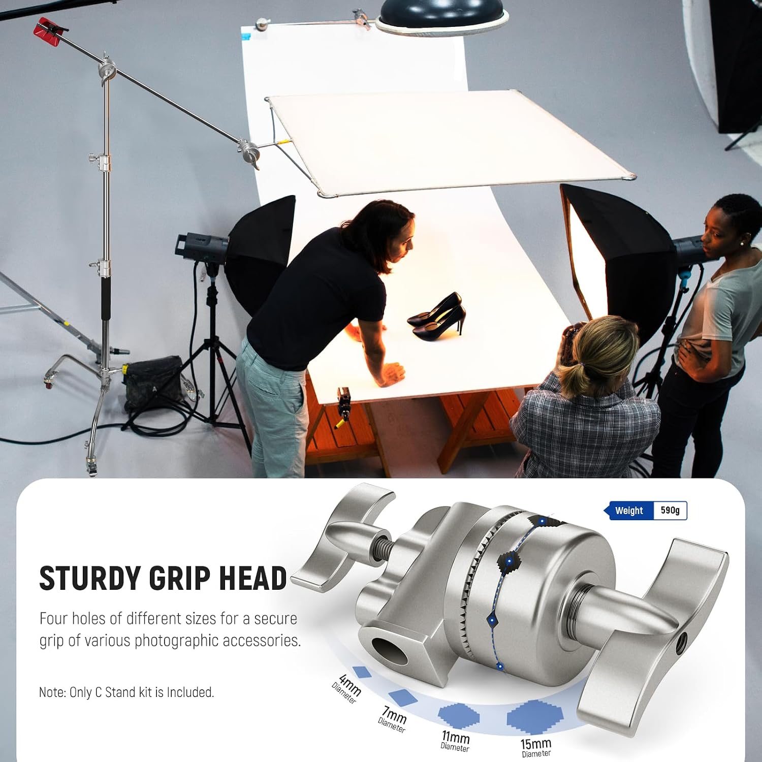 NEEWER Stainless Steel Heavy Duty C Stand with Swivel Casters, 43'-73'/110-186cm Photography Light Stand with 33'/83cm Boom Arm, 2 Grip Heads for Studio Monolight, Softbox, Reflector, SC186W