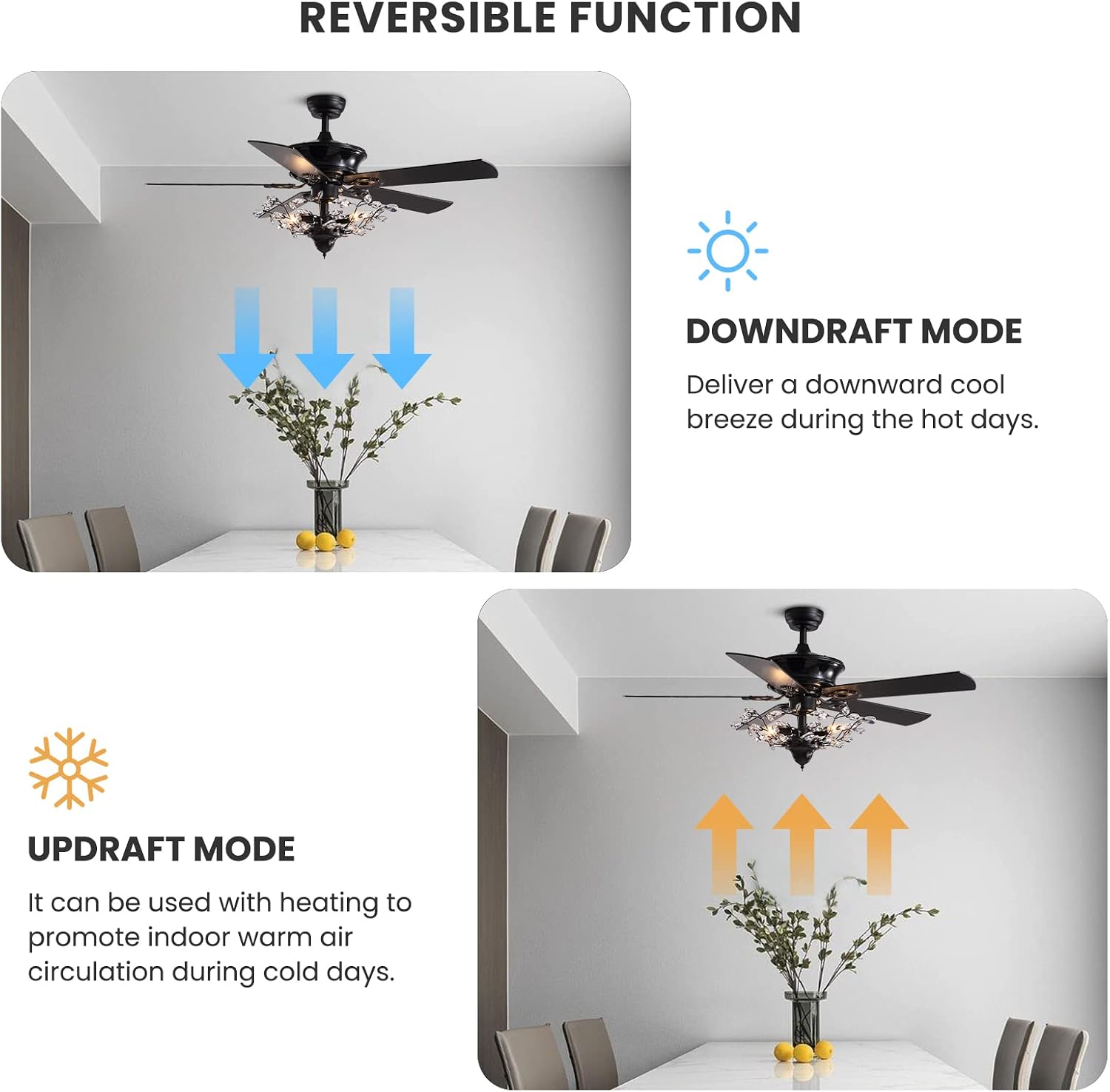 Modern Crystal Chandelier Ceiling Fan Gorgeous Reversible Ceiling Fan Light Fixture with Remote for Bedroom Living Room (Black-2, 50')
