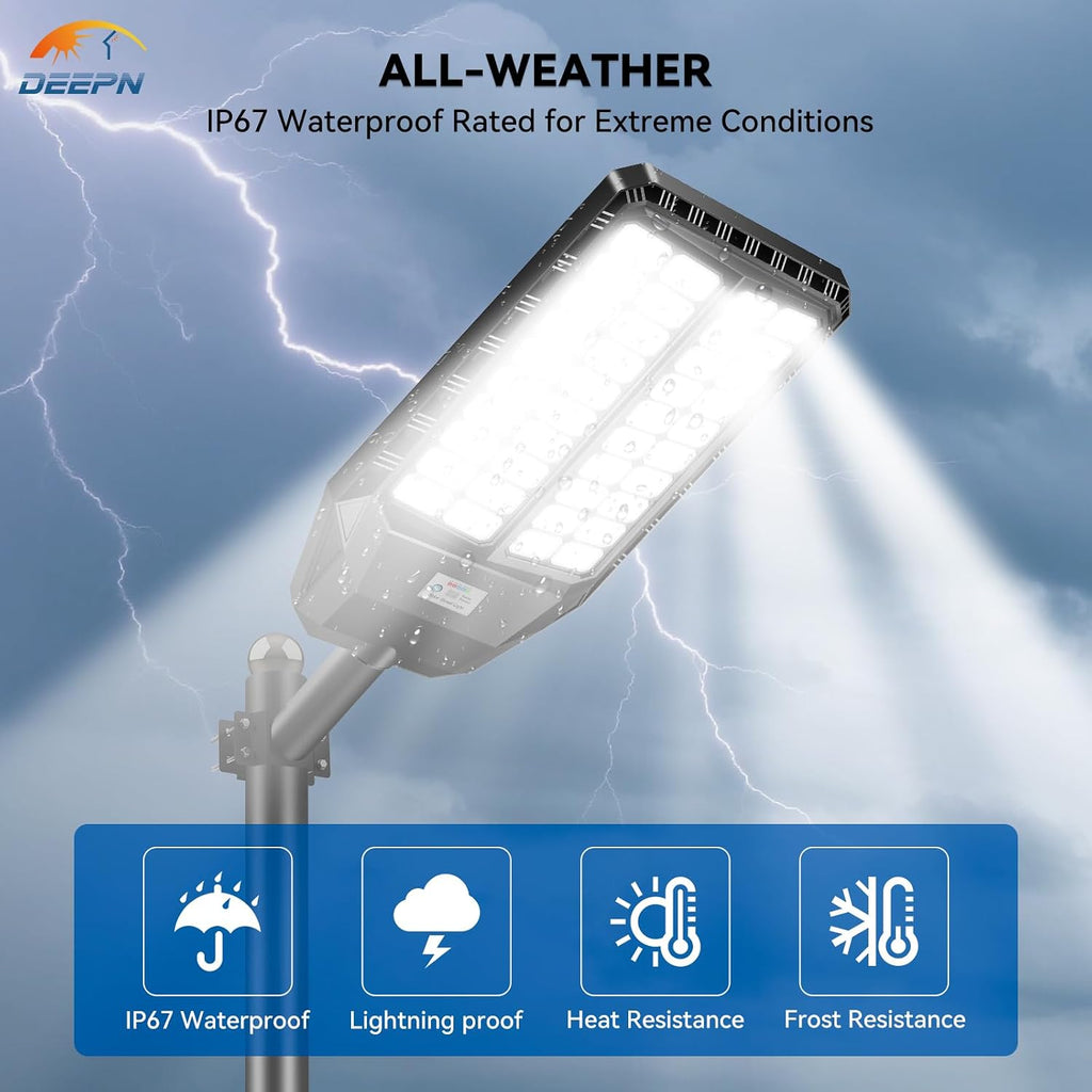 Deepn 10000W Solar Street Lights Outdoor, Commercial Solar Lights with Motion Sensor Outdoor Lighting & Dusk to Dawn Flood Light, IP67 Waterproof LED Lights for Yard, Street, Parking Lot, 2 Pack