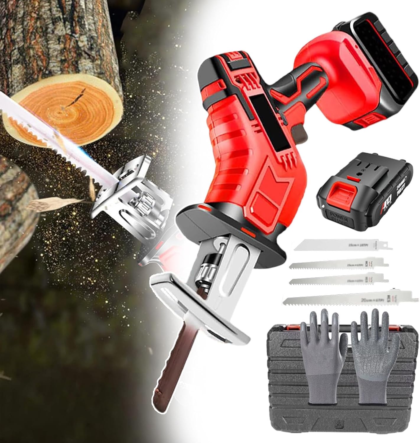 Electric Reciprocating Saw,Cordless Handheld Bone Meat Saw With Led Lighting,Portable Professional Cutting Tools With 21v 3.0ah/6.0ah Battery And 4 Saw Blades(With 12 Gloves),6AH