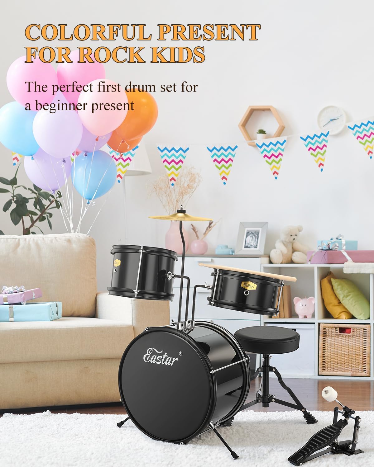 Eastar Drum Set 14'' for Kids Beginners,3 Piece with Bass Tom Snare Drum,Adjustable Throne, Cymbal, Pedal & Two Pairs of Drumsticks, Metallic All Black