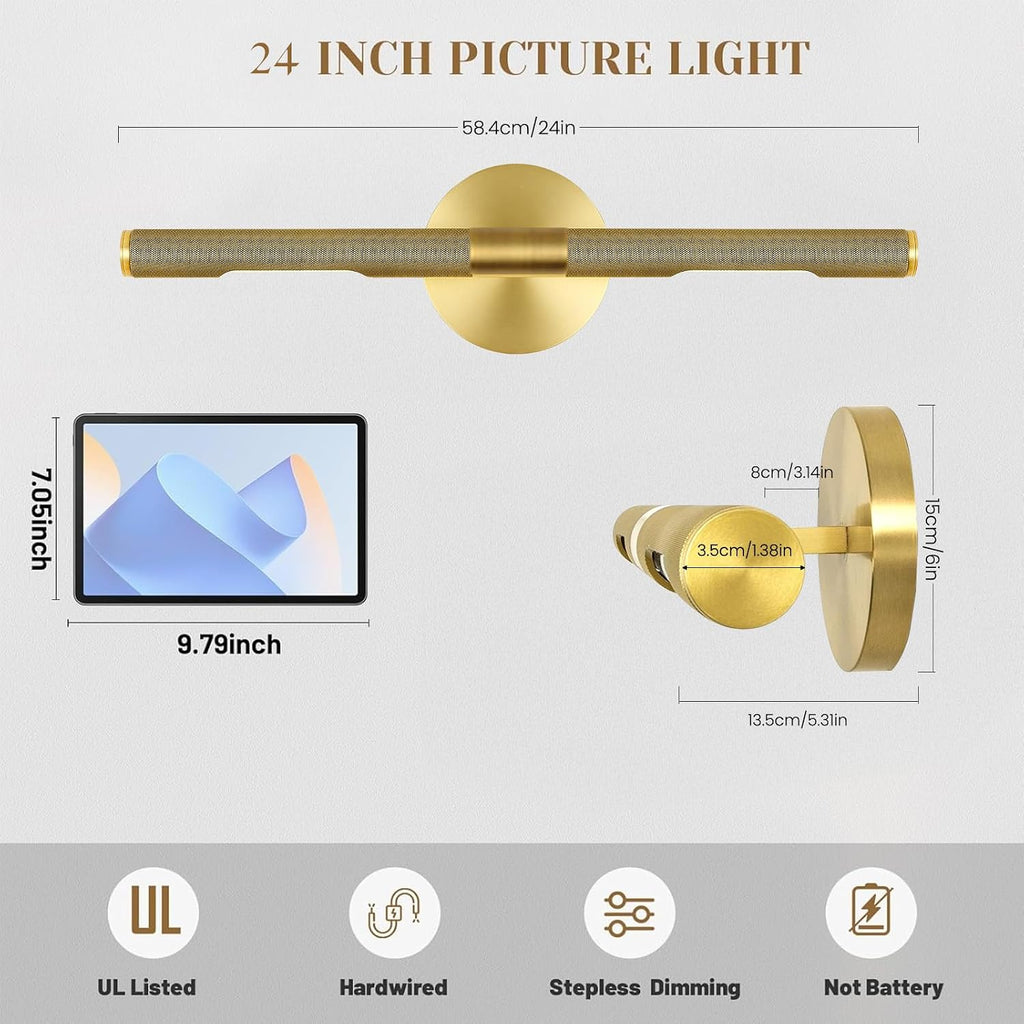Hard-wired Knurled Picture Light, 24in Brass Picture Light for Wall, Dimmable Gold Art Lights, Rotatable 360° Sconce for Pictures Frame, Painting Wall Lights, Bathroom Wall Sconce, E12 Bulbs Included
