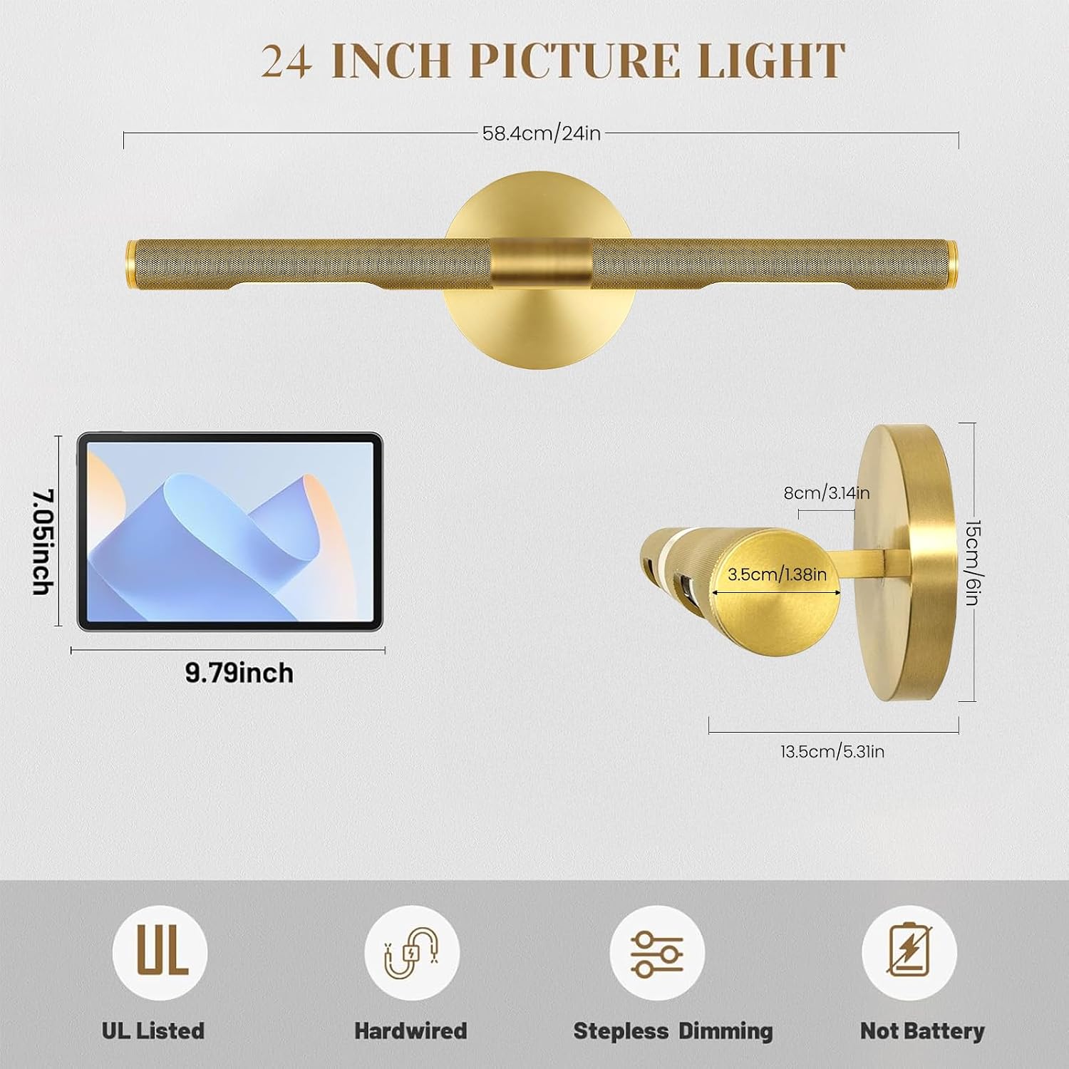 Hard-wired Knurled Picture Light, 24in Brass Picture Light for Wall, Dimmable Gold Art Lights, Rotatable 360° Sconce for Pictures Frame, Painting Wall Lights, Bathroom Wall Sconce, E12 Bulbs Included