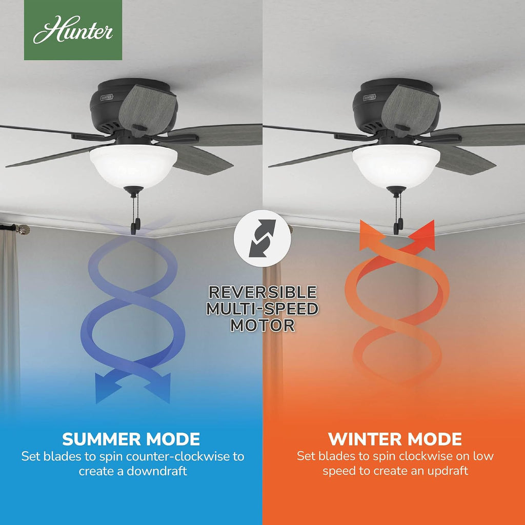 Hunter 52 inch Indoor Ceiling Fan with LED Light - Black Ceiling Fan with Pull Chain, For Bedroom or Living Room, Low Profile Flush Mount, 5 Blades, Includes Bulbs - Newsome 52396, Matte Black