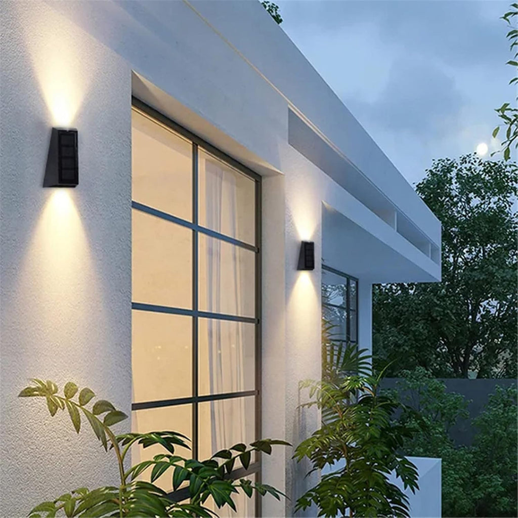 Solar Wall Lights, 2 Pcs Up and Down Waterproof Solar Fence Lights with 7 Color Changing/Warm and White Exterior Garden Wall Sconce