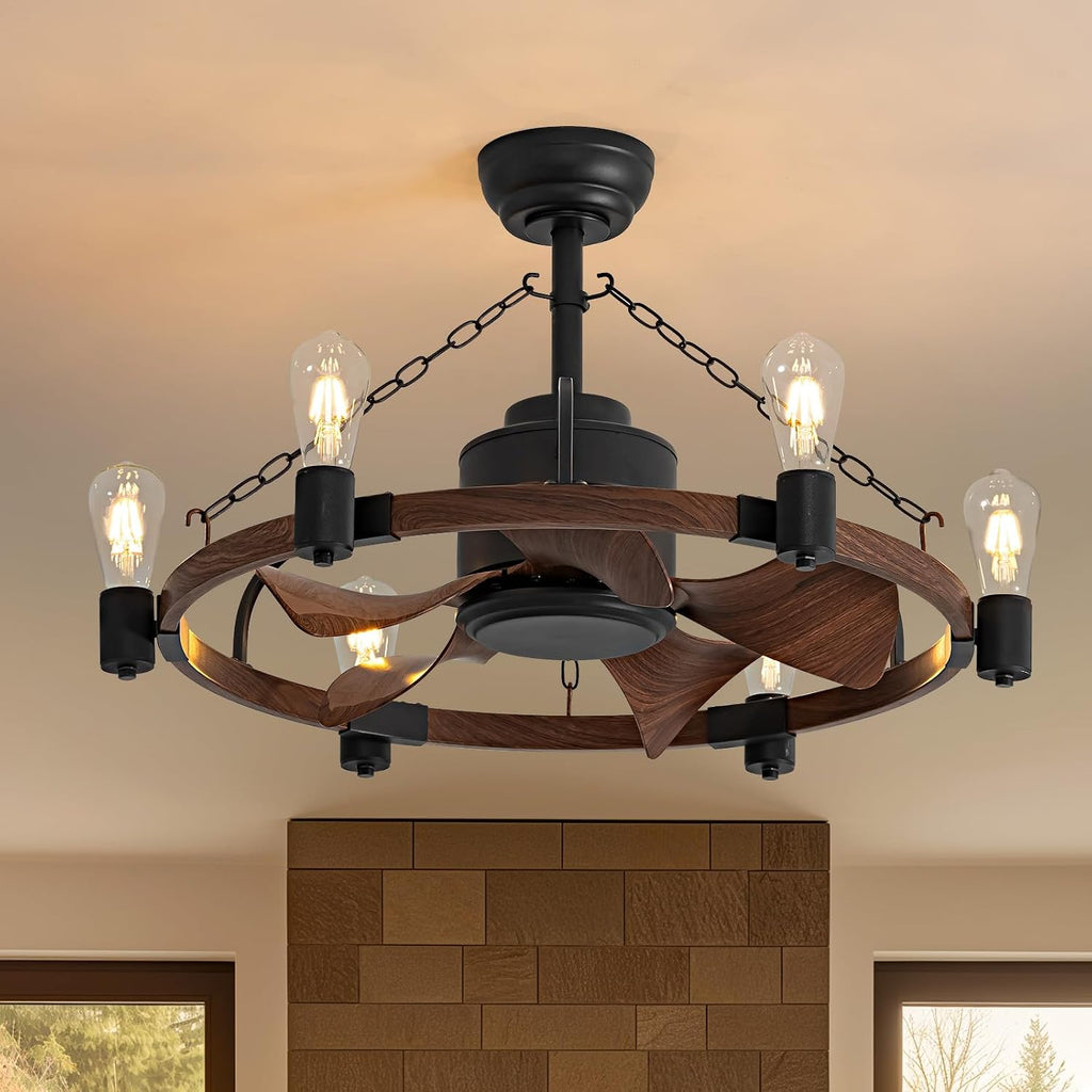 LUDOMIDE Ceiling Fan with Light, 28' Rustic Chandelier Ceiling Fan with Remote Control, Farmhouse Caged Ceiling Fan with Lights for Bedroom, Kitchen, Living Room, Dining Room