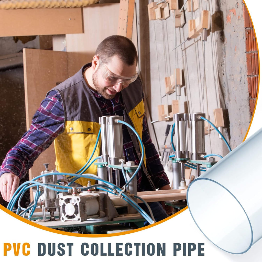 Sasylvia 6 Sets Dust Collection Clear PVC Pipe 4 x 36 Inches Long Rigid Clear Tube with Rigid Strap Clamp Heavy Duty Unbreakable Plastic Pipe Stainless Steel U Bracket for Dust Collection
