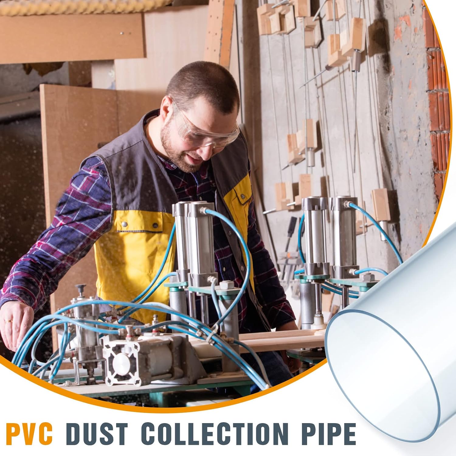 Sasylvia 6 Sets Dust Collection Clear PVC Pipe 4 x 36 Inches Long Rigid Clear Tube with Rigid Strap Clamp Heavy Duty Unbreakable Plastic Pipe Stainless Steel U Bracket for Dust Collection