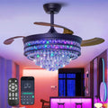 RGB Retractable Fandelier Ceiling Fans with Light and Remote/App, 42' Modern Crystal LED Chandelier Fan, Bladeless Lighting & Ceiling Fans Bedroom, Kitchen | Ventilador de Techo Con Luz, Black