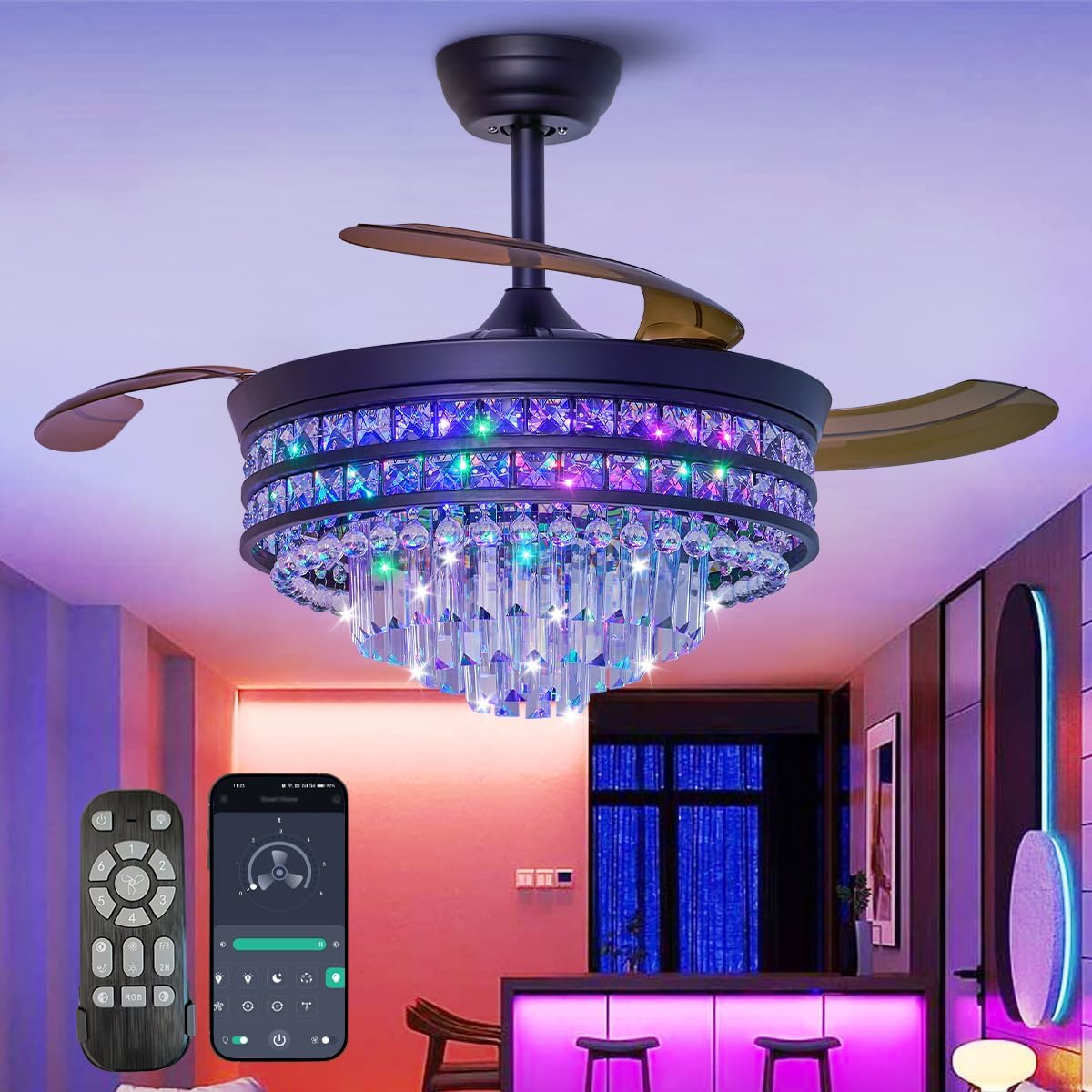 RGB Retractable Fandelier Ceiling Fans with Light and Remote/App, 42' Modern Crystal LED Chandelier Fan, Bladeless Lighting & Ceiling Fans Bedroom, Kitchen | Ventilador de Techo Con Luz, Black