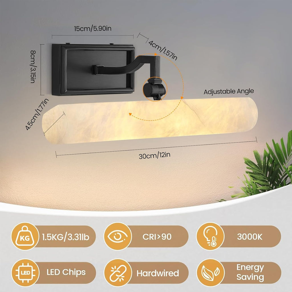 Alabaster Picture Light Hardwired, 12' Matte Black Art Light for Wall & Paintings, Real Spanish Marble Picture Frame Light, Dimmable LED Gallery Lighting, Bathroom Vanity Light Accent for Mirror Use