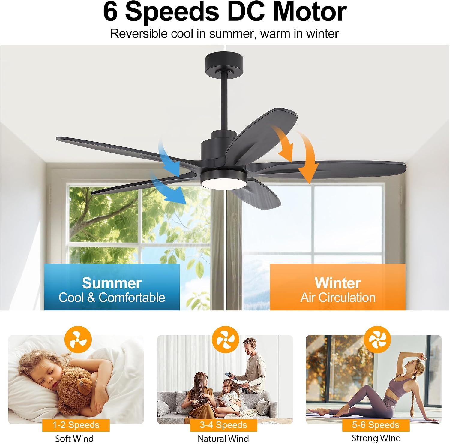 WINGBO 54' Ceiling Fan with Light - 5 Carved Solid Wood Blades, 6-Speed Reversible DC Motor, Dimmable, 3CCT, Noiseless Remote Control Ceiling Fans with Lights for Bedroom Living Room, Matte Black