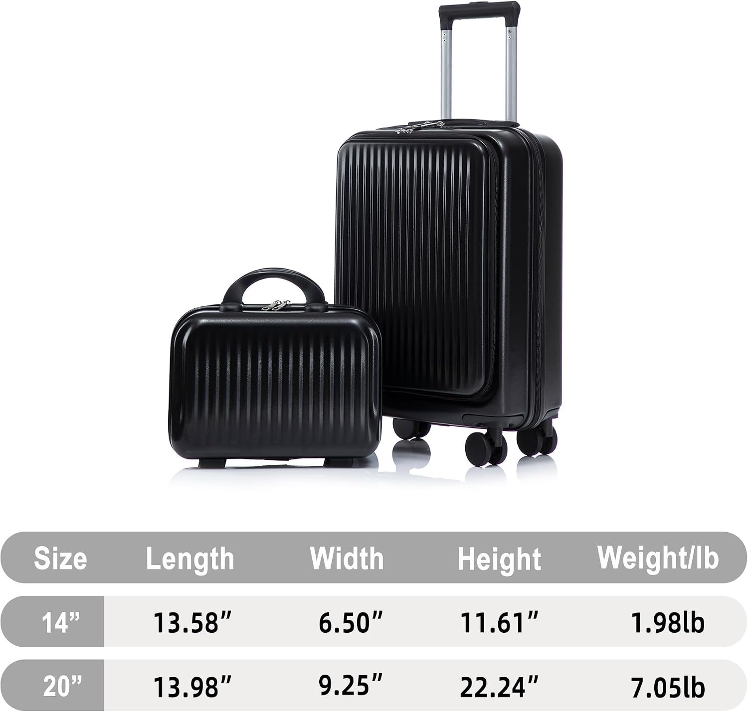Two-piece luggage set with swivel wheels black hard shell 20-inch carry-on and 14-inch vanity case (Black)