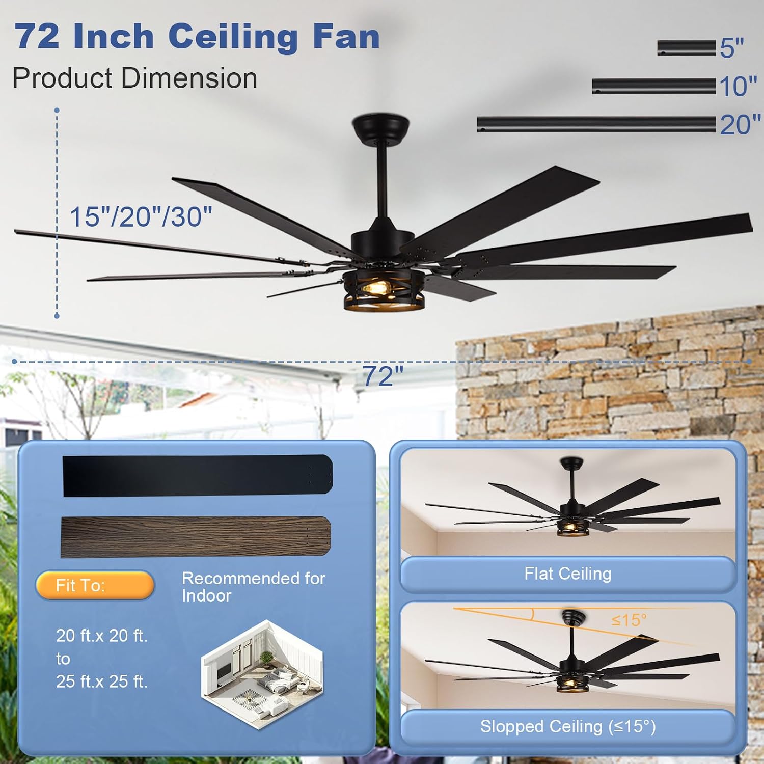 Depuley 72-Inch Ceiling Fans with Lights: Large Ceiling Fans Dual Finish 8 Blades - Rustic Ceiling Fan with Remote Control for Farmhouse Living Room Outdoor Porch Noiseless (Black Walnut)