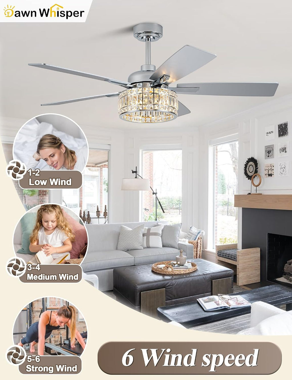 Dawn Whisper 52 Inch Modern Ceiling Fans with Lights Low Profile Silver Crystal Fandelier Ceiling Fans with Remote for Living Room Bedroom Kitchen Quiet Reversible DC Motor 6 Speeds Dual Finish