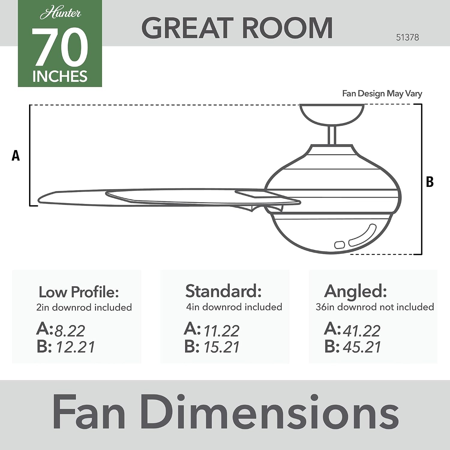 Hunter 70 inch Indoor Ceiling Fan with LED Light and Wall Control - White Smart Ceiling Fan, Standard Mount, 7 Blades, For Bedroom or Living Room, Quiet - Phenomenon 51378, Matte White
