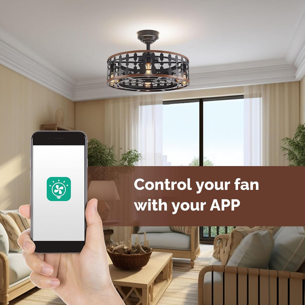 Orison 21.5'' Caged Ceiling Fan with Light, Low Profile Ceiling Fan with Light and Remote (395-Black)
