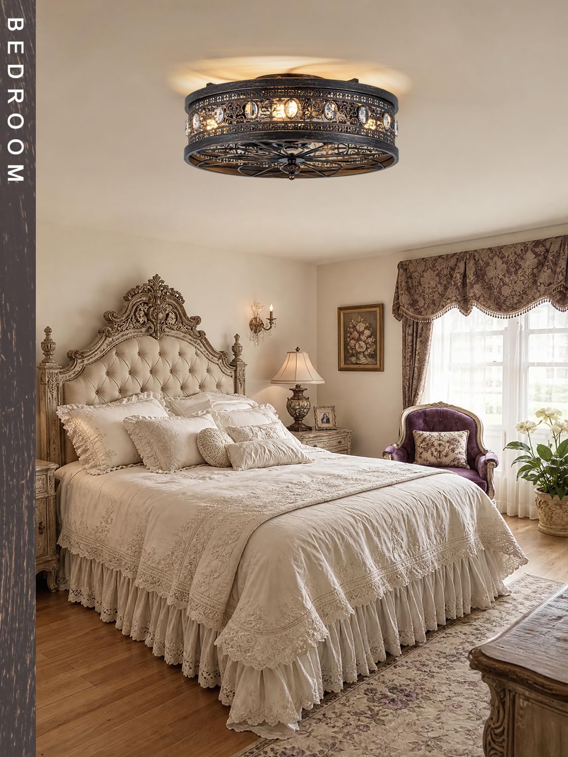 Dawn Whisper Vintage Victorian Caged Flush Mount Ceiling Fans with Lights | Vintage look/French Styling Caged Design with Crystal Accents Ideal Small-Space Flush Mount for Bedroom