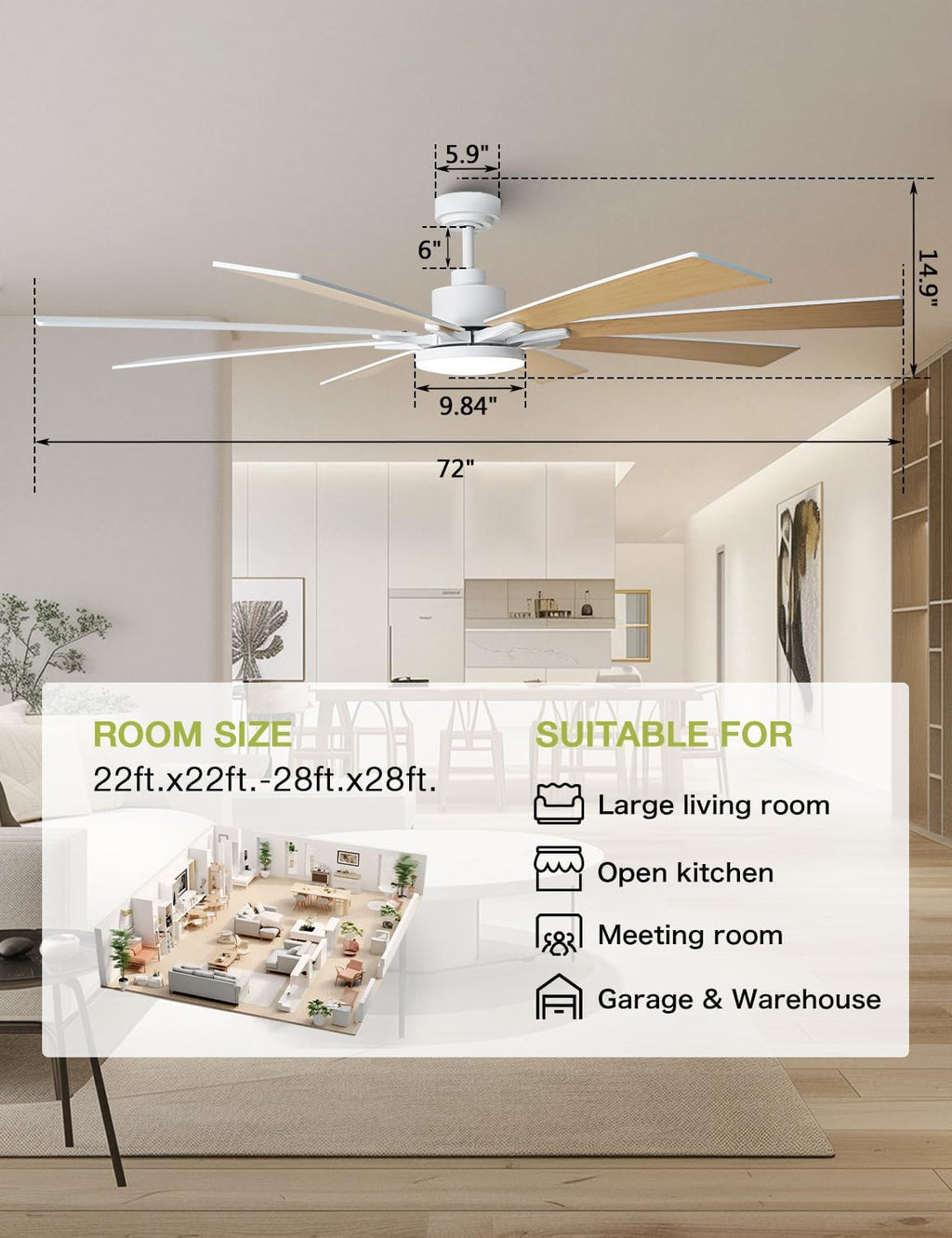 72 Inch Modern Ceiling Fans with Lights and Remote Large Airflow Ceiling Fan,Dimmable Lighting, Reversible DC Motor, Noiseless, Indoor Outdoor Use for Living Room, Office, Garage, Matte White