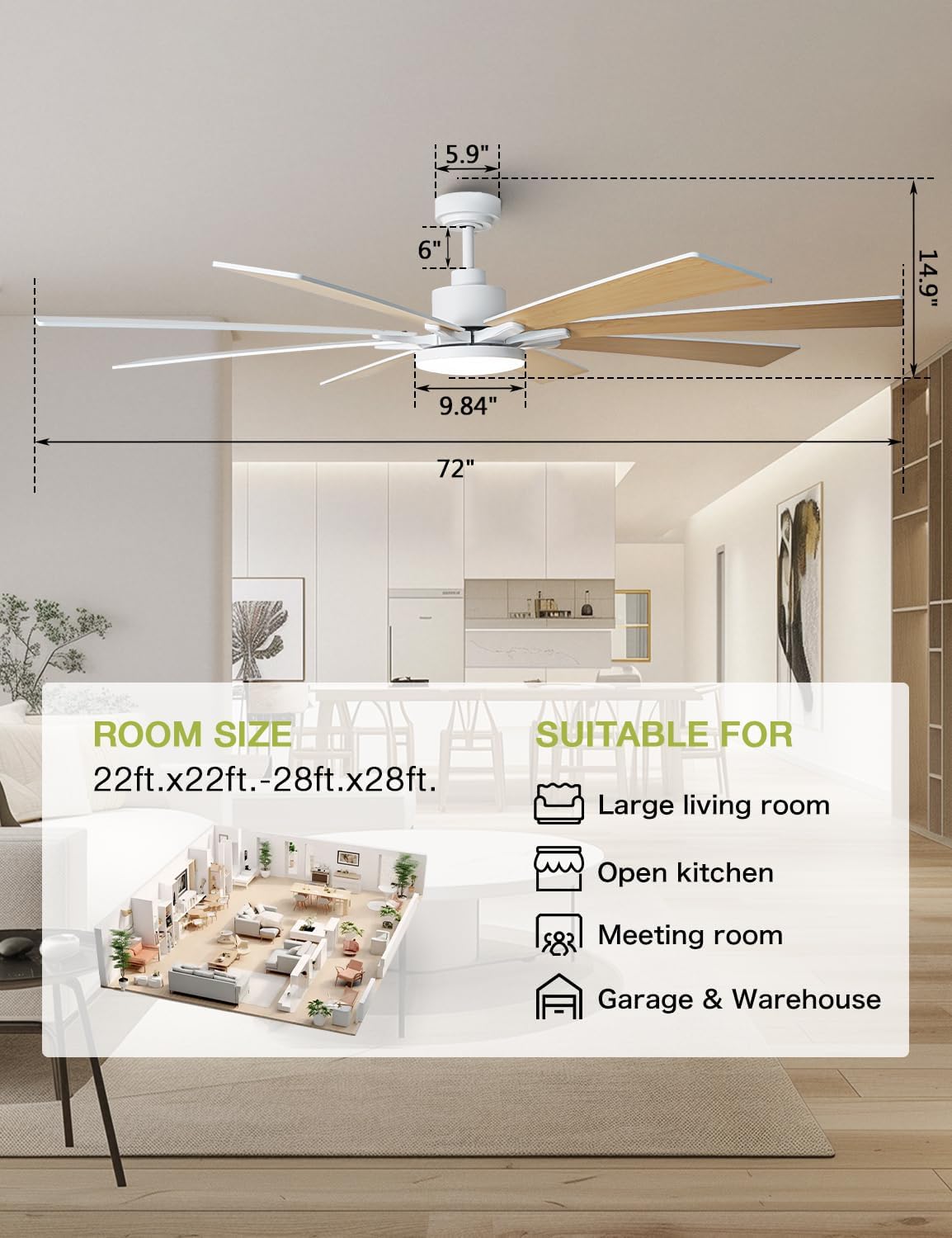72 Inch Modern Ceiling Fans with Lights and Remote Large Airflow Ceiling Fan,Dimmable Lighting, Reversible DC Motor, Noiseless, Indoor Outdoor Use for Living Room, Office, Garage, Matte White
