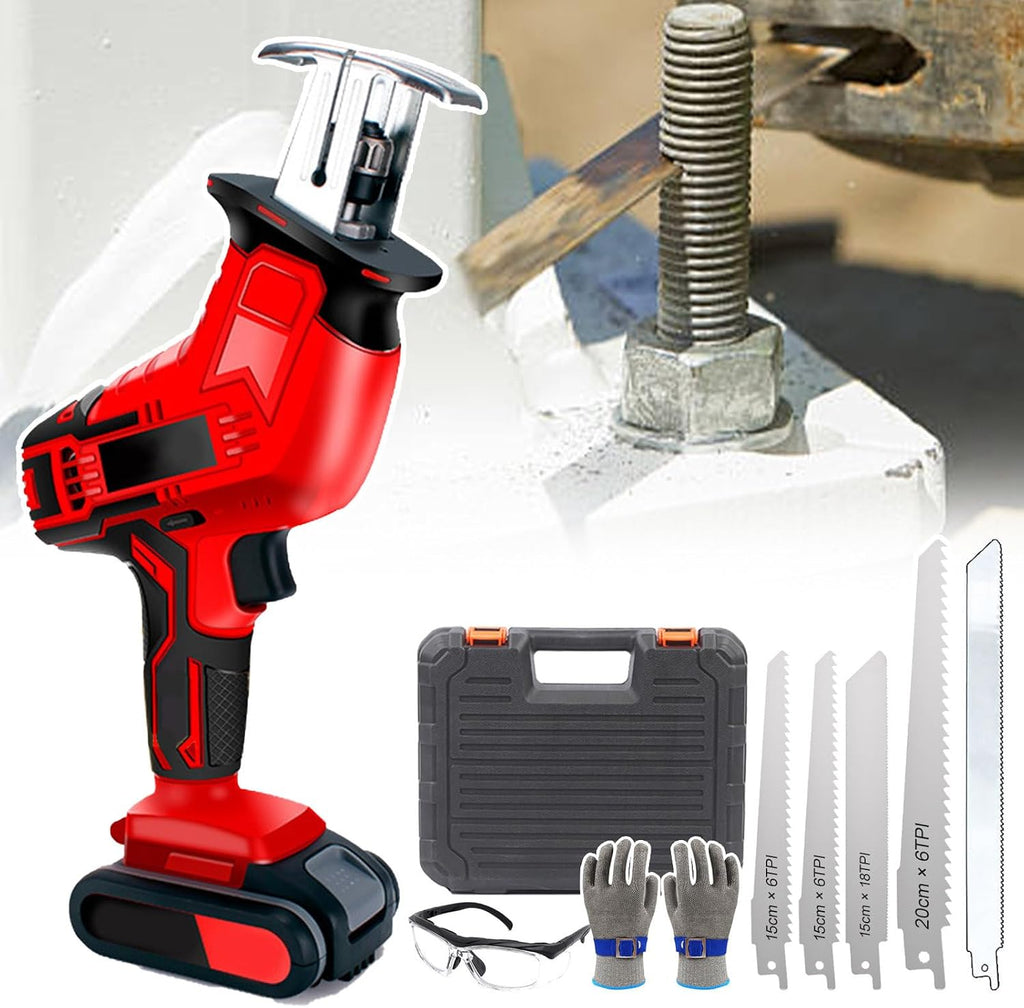Professional Electric Hand Butcher Saw with LED Light &Non-Slip Handle,Cordless Reciprocating Saw with 5 Blades,Battery Powered Bone Meat Cutter for Wood&Metal&PVC&Meat&Bones,1Battery