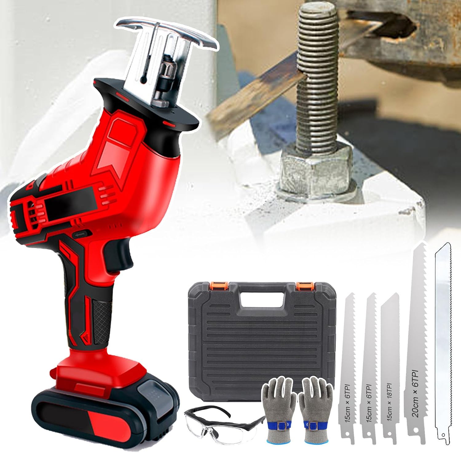 Professional Electric Hand Butcher Saw with LED Light &Non-Slip Handle,Cordless Reciprocating Saw with 5 Blades,Battery Powered Bone Meat Cutter for Wood&Metal&PVC&Meat&Bones,1Battery