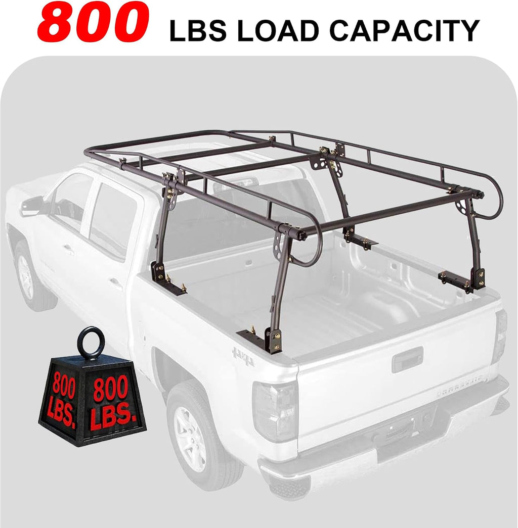 Rockland Universal Full-Size Steel Over-Cab Truck Rack, 800 LBS Capacity, 136.5' x 55' x 34.25', 49'-64' Adjustable Truck Bed Width, Extendable Truck Ladder Rack with None Drilling C-Clamps