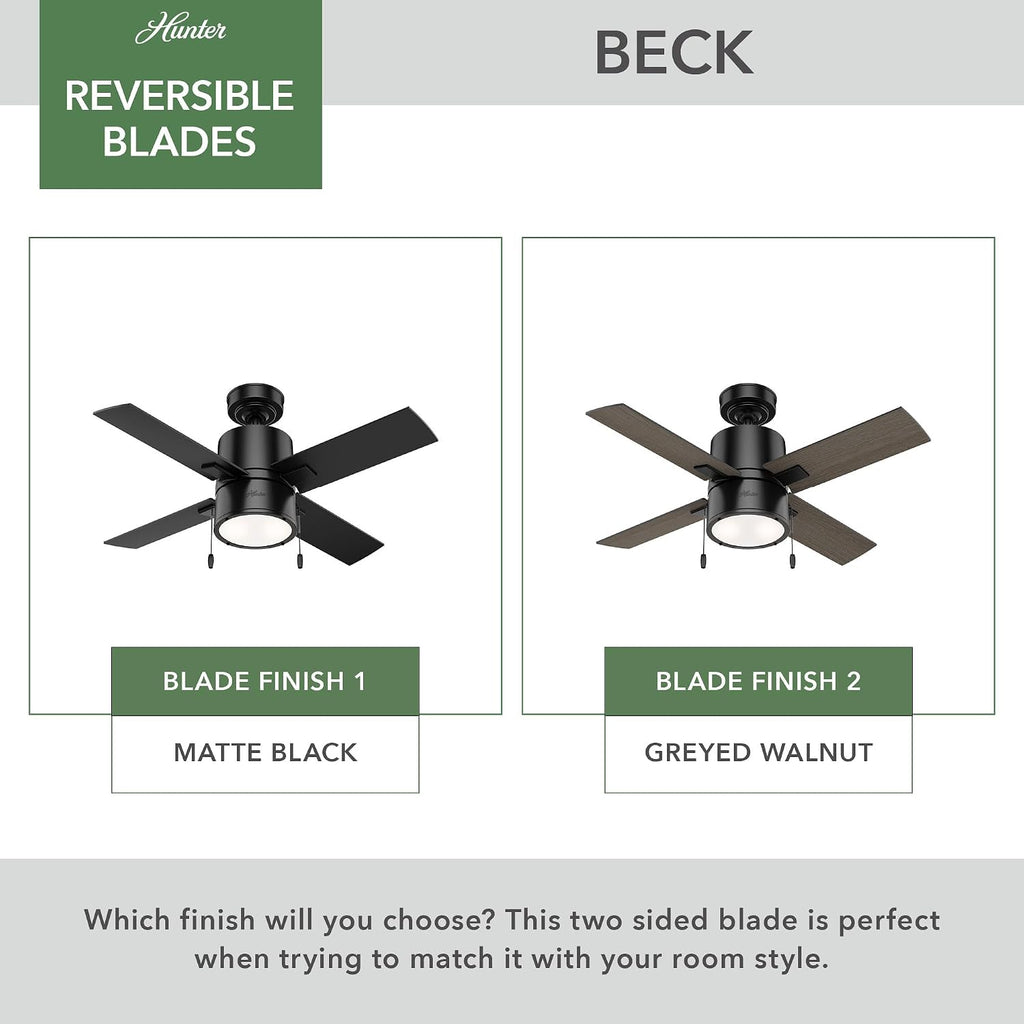 Hunter 42 inch Indoor Ceiling Fan with LED Light - Black Ceiling Fan with Pull Chain, For Bedroom, Living Room, or Kitchen, Standard Mount, No Remote, 4 Blades - Beck 53433, Matte Black