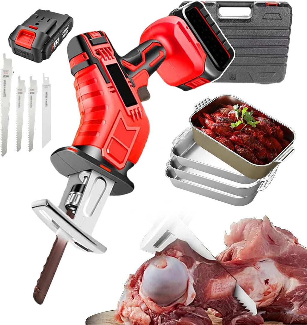 Portable Reciprocating Saws, Electric Cordless Chainsaw 21v Power Saws, Battery Powered Electric Bone Saw, 4 Meat Plates Included (With Battery And Tool Box),3AH