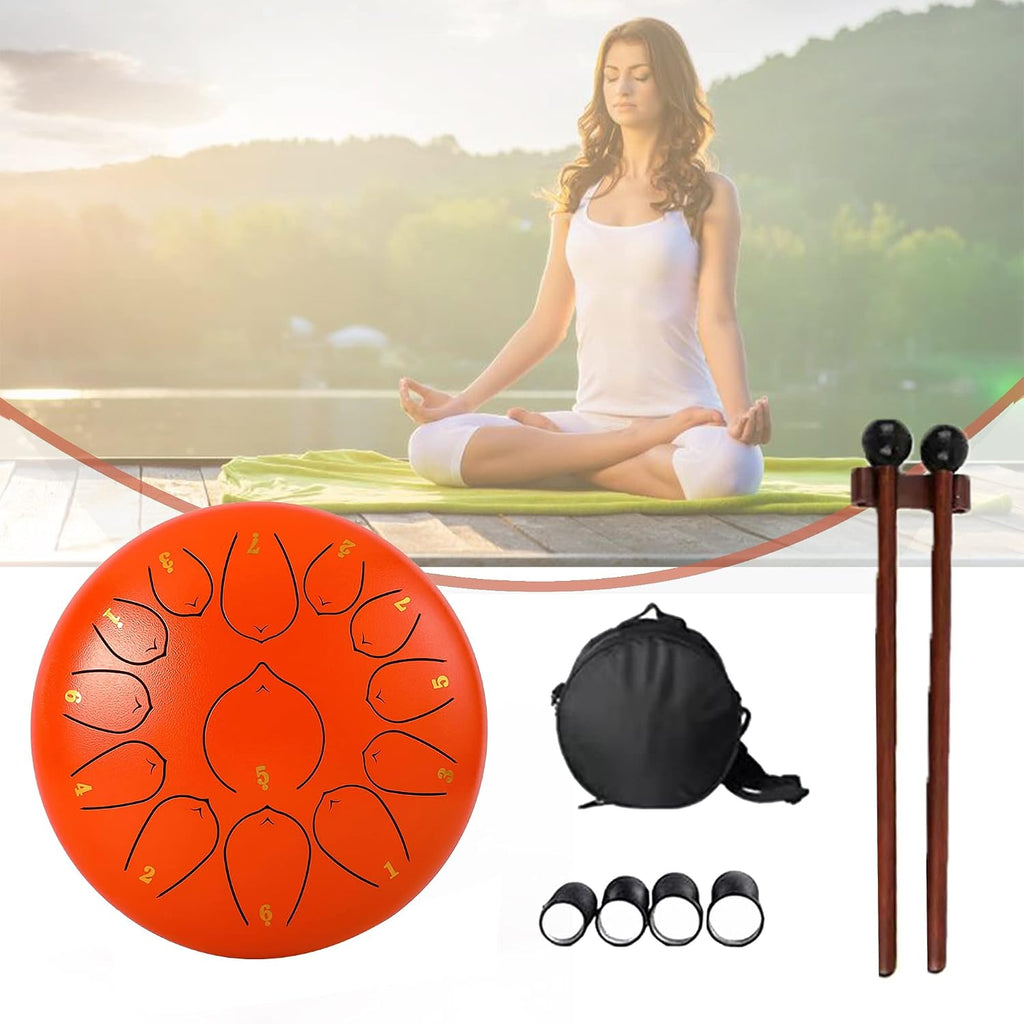 Steel Tongue Drum C Major， 12 inch 13 Notes Children Tongue Drum Handpan Drum， Percussion Instrument kit with Drum Mallets， Note Stickers， Finger Picks， Mallet，Vermilion Red-12 inches 13 Tones