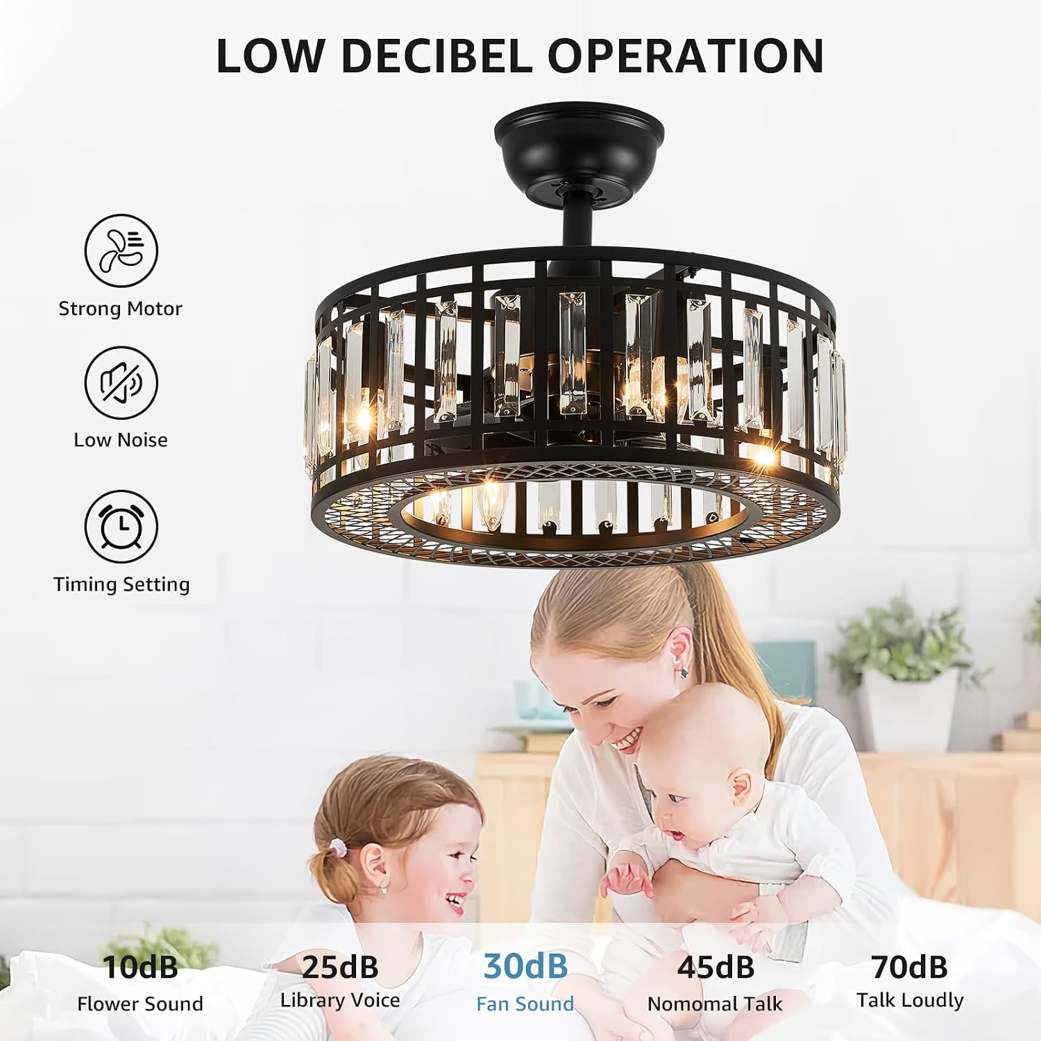 18' Black Crystal Caged Ceiling Fan with Light and Remote, Industrial Caged Chandelier Fan 8-Blade Fandelier Modern Enclosed Ceiling Fan for Kitchen Dining Room Living Room