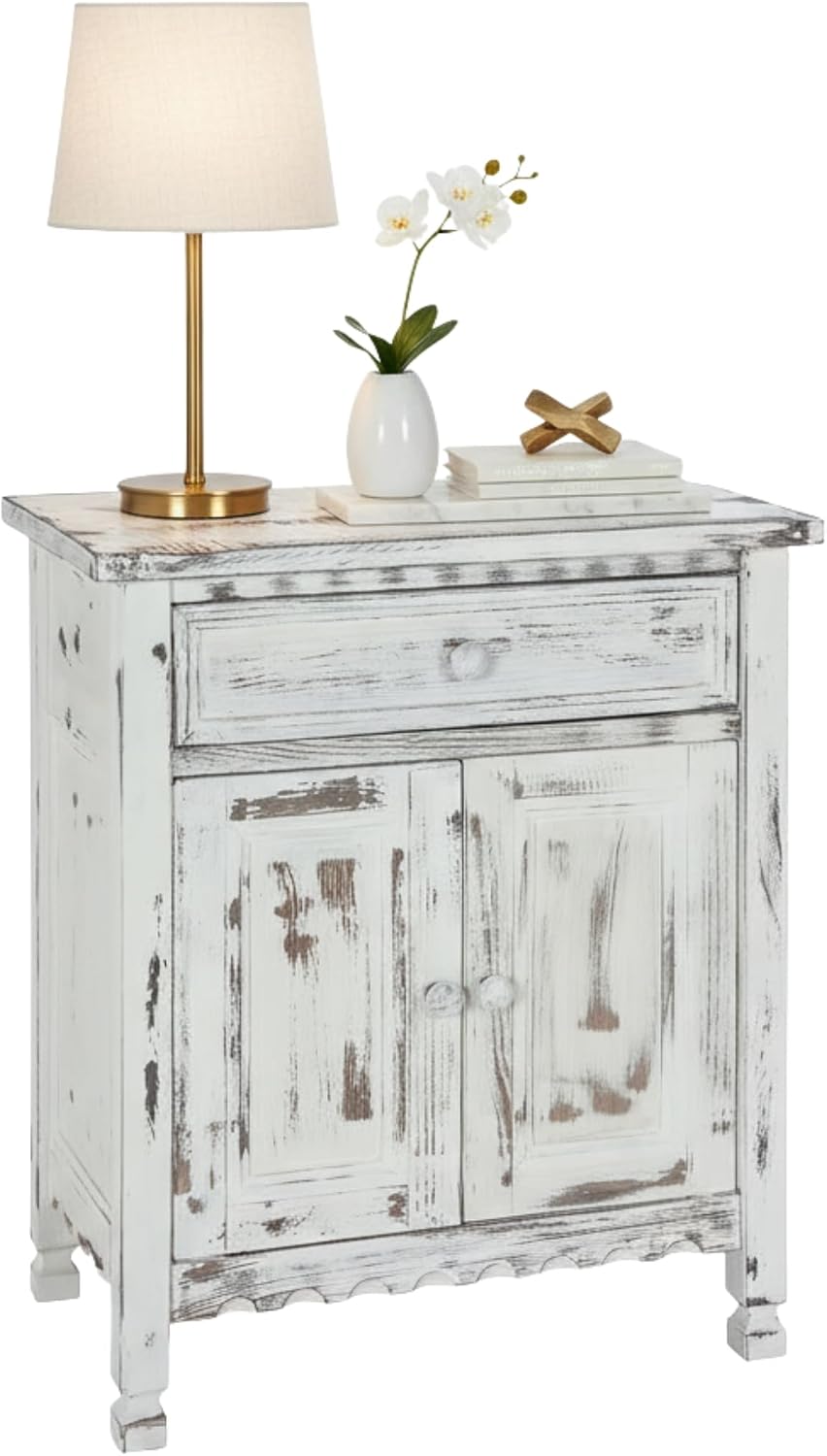 Alaterre Furniture Country Cottage Accent Cabinet with Drawer, Adjustable Shelf & 2 Doors – Modern Farmhouse Sideboard Buffet Storage Cabinet for Living Room, Dining Room or Entryway (White Antique)