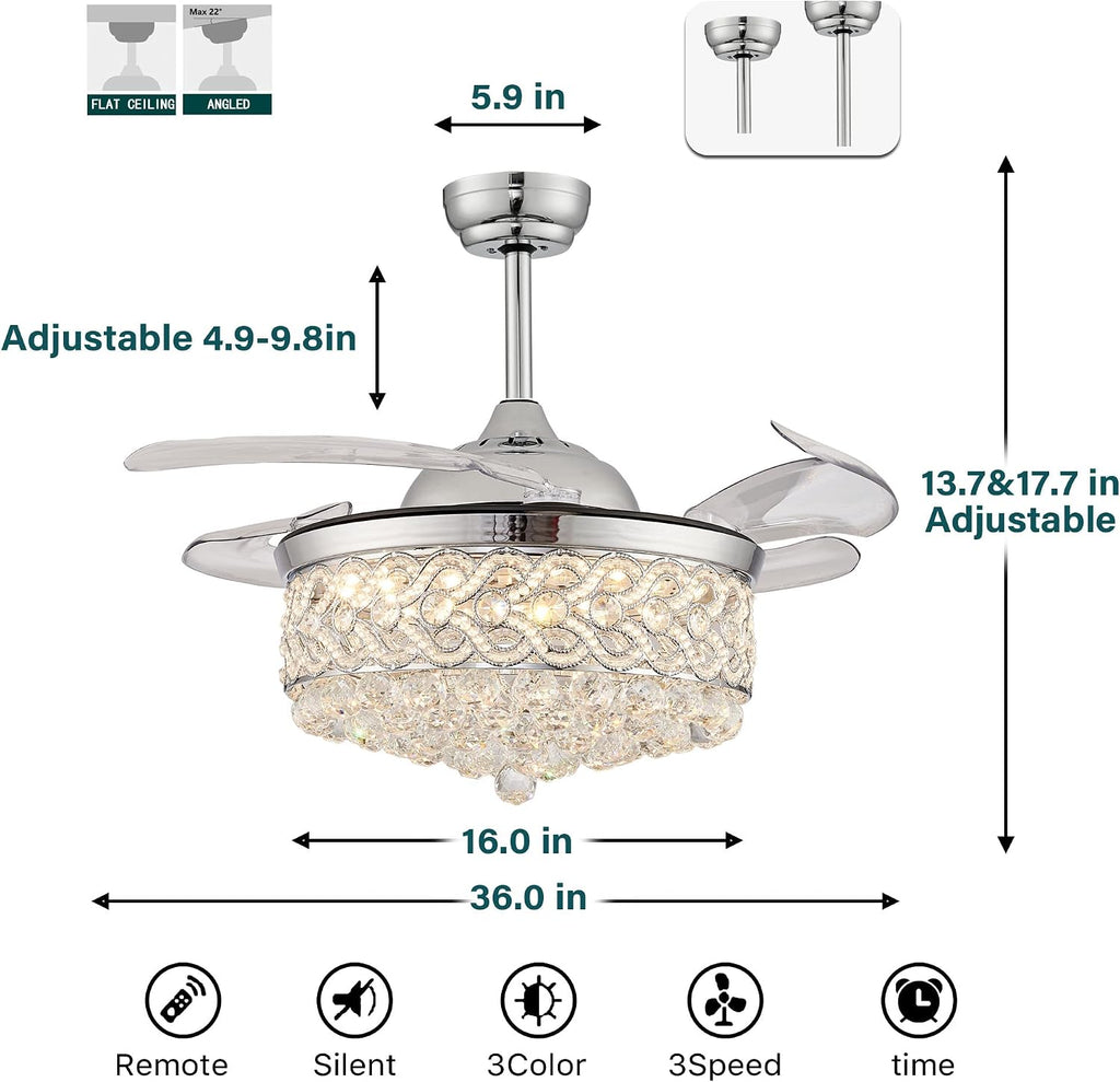 DuMaiWay 36' Dimmable Ceiling Fan Chandelier with Lights and Remote, Fandelier, Crystal Ceiling Fan Retractable Invisible Blade LED Lighting for Bedroom Living Room 6 Speed Chrome