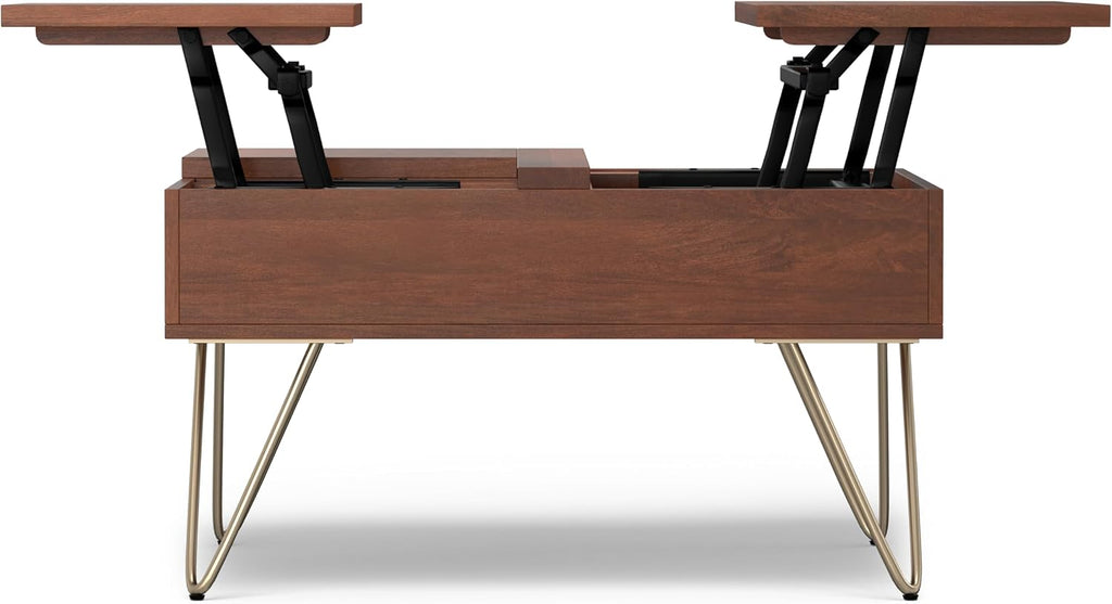 SIMPLIHOME Hunter Lift Top Coffee Table - 32 inch Wide Solid Mango Wood Industrial Square Cocktail Table in Umber Brown, Living Room Table with Dual Lift Tops, Hidden Storage and Gold Hairpin Legs