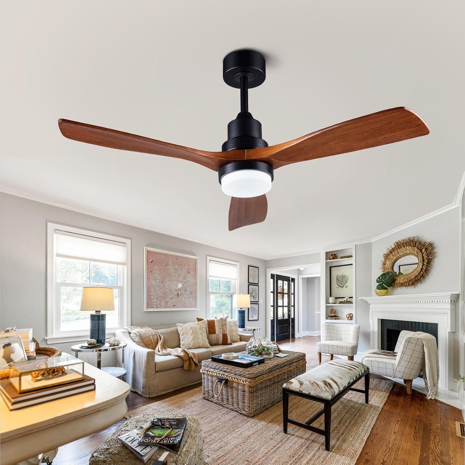48' Wooden Ceiling Fans with Lighted Remote Control, Indoor Outdoor Wooden Ceiling Fan, Outdoor Modern Ceiling Fan with 3 Fan Blades for Patio, Living Room, Farmhouse, etc (Black + Walnut)