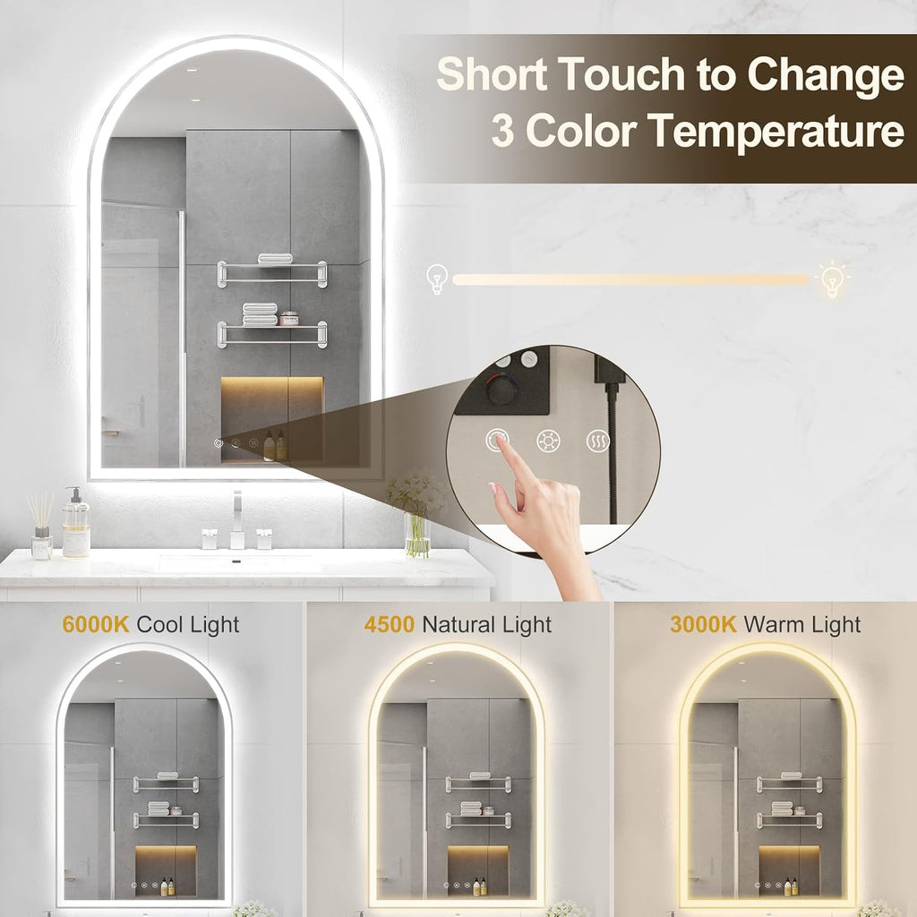 Arched LED Mirror for Bathtoom 24'x36', Silver LED Bathroom Mirror with Lights-Fogless, Dimmable, Shatterproof, Touch Sensor, 3 Color Changing