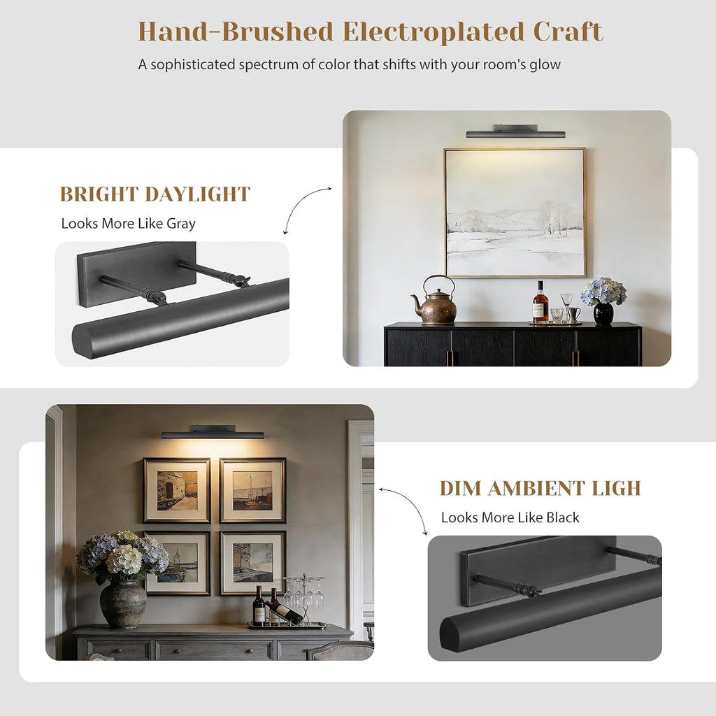 Matte Black Picture Lights for Wall, 24' Art Light Hardwired, 3-Light Bronze Gallery Light, Warm White 2700k Dimmable Picture Frame Lights, 270° Vanity Light for Bathroom, Living Room, Hallway