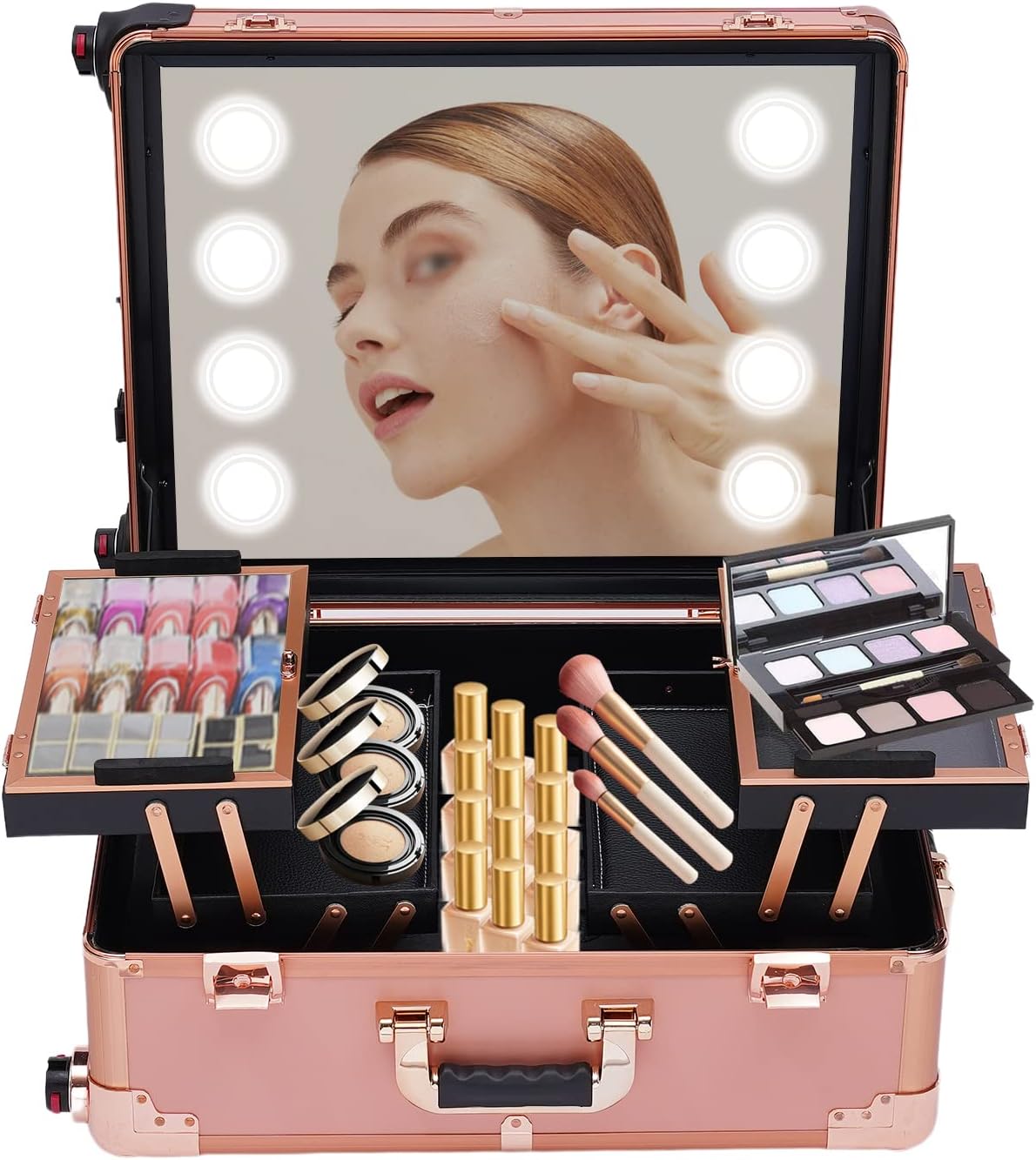 Rolling Makeup Case, Aluminum Trolley Makeup Train Case | LED Lights, Adjustable Legs, Lockable, Professional Cosmetic Organizer, Lighted Vanity Station