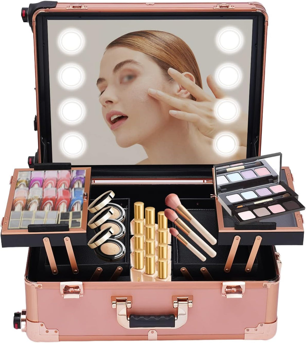 20' Aluminum Trolley Makeup Train Case with Mirror &LED Lights, Professional Cosmetic Organizer Makeup Suitcase with Wheels, Portable Makeup Vanity Rolling Vanity Makeup Station for Travel (Rose Gold)