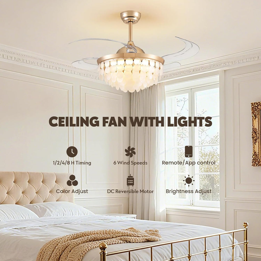 48'' Boho Fandelier Ceiling Fan with Light, Capiz Shell Retractable Ceiling Fan Lights with APP/Remote, Dimmable Coastal Invisible Chandelier Fan with 6 Speeds Wind, Timer for Bedroom Living Room-Gold