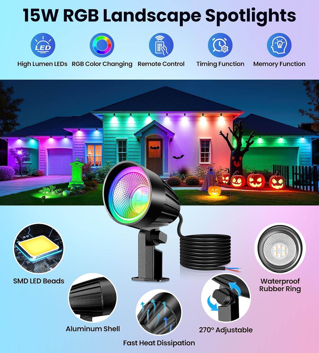 MEIKEE 15W RGBW Low Voltage Landscape Lights, 12-24V LED Landscape Lighting, Timer and Memory Dimmable Color Changing Outdoor Spotlights with Remote for Garden Path Christmas Halloween 12 Pack
