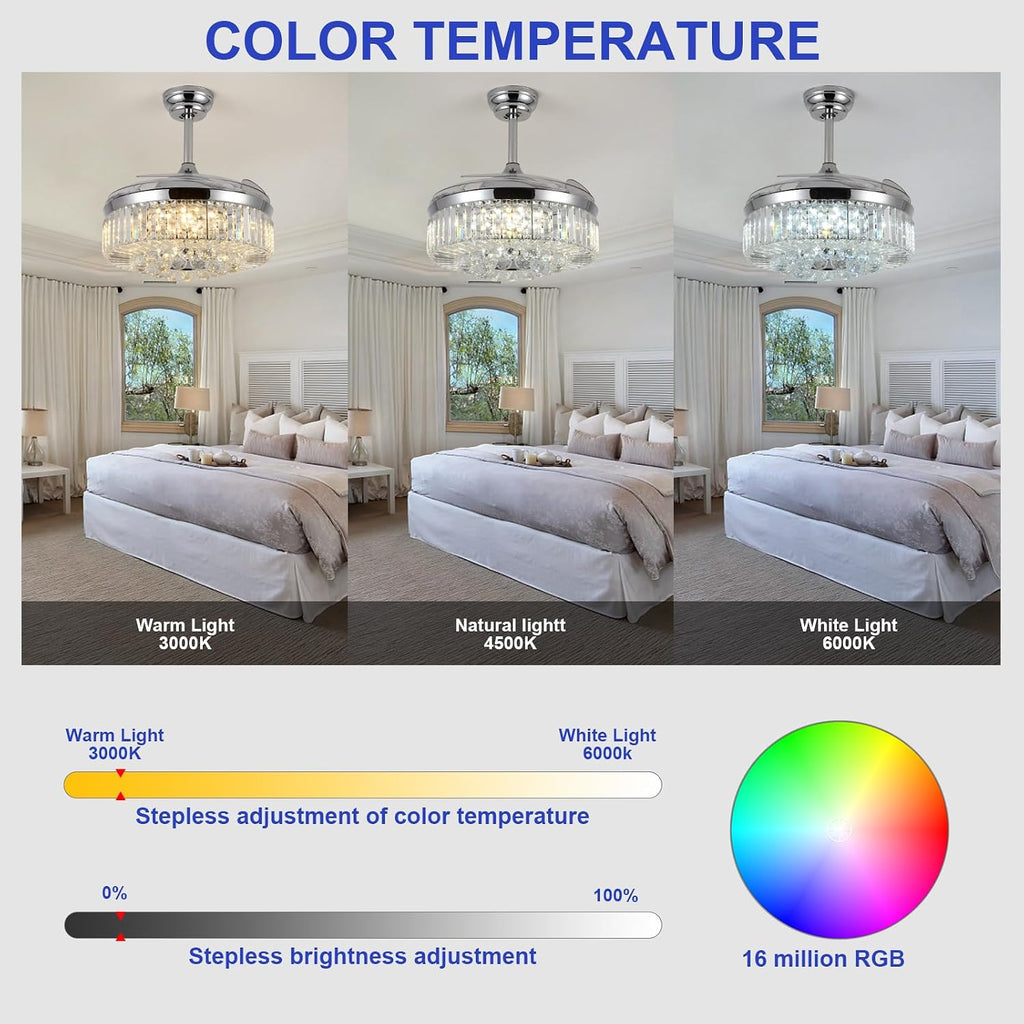 48' Fandelier Ceiling Fan with Light,Silver Retractable Ceiling Fans with Remote Control,RGB Chandelier Ceiling Fan with 6-Speed Reversible Blades,APP Control