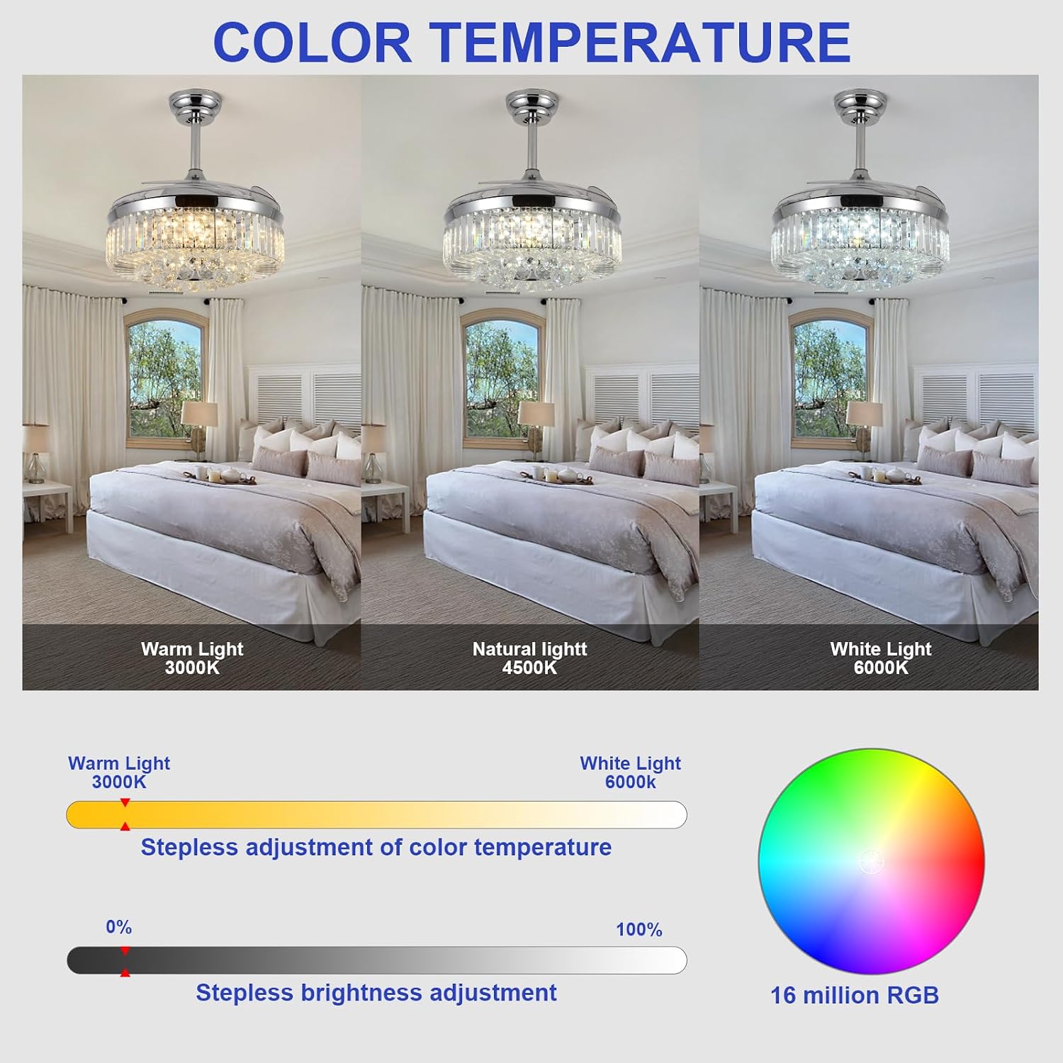 48' Fandelier Ceiling Fan with Light,Silver Retractable Ceiling Fans with Remote Control,RGB Chandelier Ceiling Fan with 6-Speed Reversible Blades,APP Control